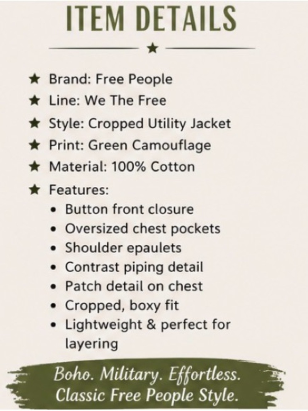 Free People Camouflage Crop Jacket - Olive Green P2P 28’ - Picture 3 of 3